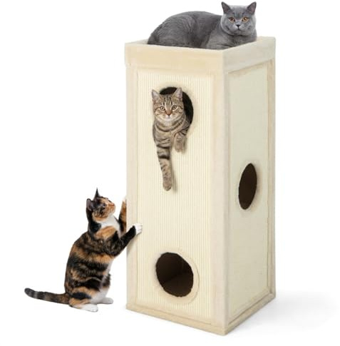 GOPLUS Kratztonne mit 3 Höhlen, Kratzbaum mit 3 Verstecken, Sisal-Kratzbretter & obere Schlafplattform mit abnehmbarem Kissen, 4-stöckige Katzenhaus für große & kleine Katzen (Beige)