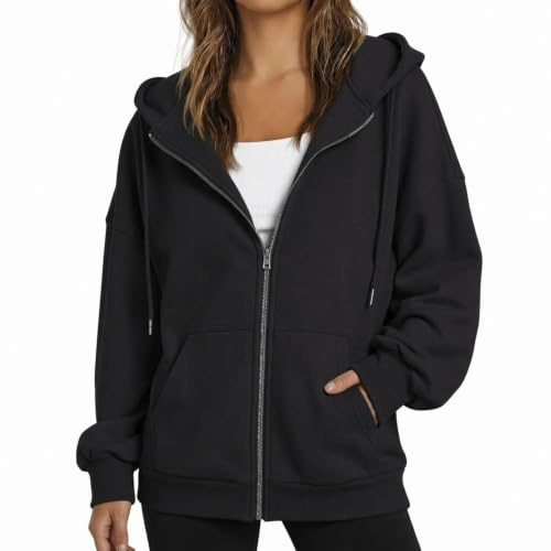Vinuwu Damen Sweatjacke mit Kapuze, Fleece Gefüttert Zip Hoodie Oversize | Hoodie Damen Reißverschluss, Warme Lockerer Sweatjacke Taschen für Herbst Winter