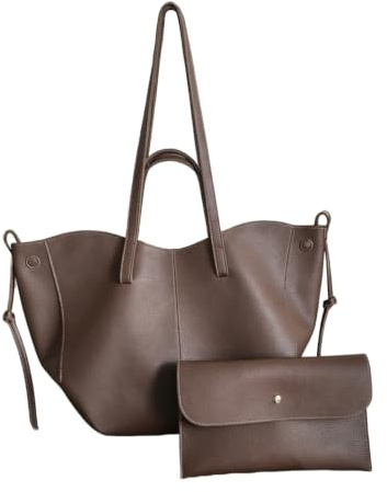 CORIOS Damen Handtasche Flügeltasche Cyme Rindsleder Schultertaschen Eimer Taschen Elegant Tote Beutel Große Kapazität Tragetasche Henkeltaschen 2pcs für Reise Arbeit Shopper Alltag Kaffee L