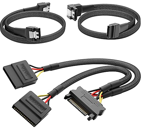 KabelDirekt – hochflexibles SATA Kabel, Stromkabel-Adapter 15-Pin SATA auf 2× 15-Pin SATA (30cm) + 7-Pin SATA-3-Datenkabel 6 Gbit/s, 90° gewinkelt (60cm) + 7-Pin SATA-3-Datenkabel 6 Gbit/s (60cm)