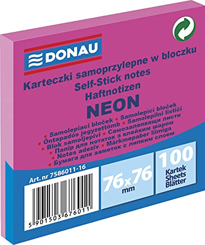 DONAU 7586011-16 Notes Würfel Haftnotizen Neon-Rosa Selbstklebende Haftnotizzettel Sticky Notes 76x76mm, 1x100 Blatt, Notizblock klebend für Büro Schule