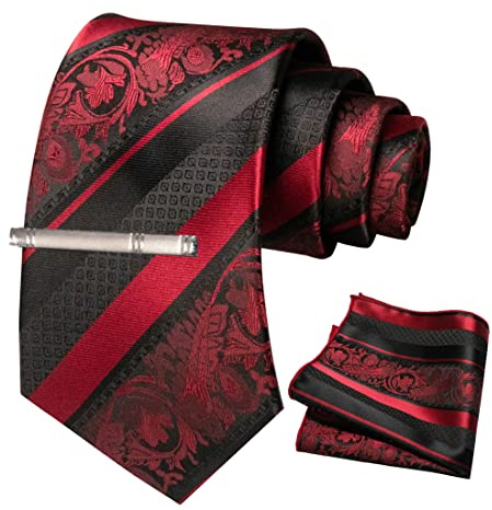JEMYGINS Cravatta Uomo Borgogna in Seta Ricamo Classico di Petali a Strisce Multicolore con Fazzoletto e Fermacravatta