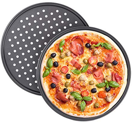 Relaxdays Pizzablåda, set om 2, runda, perforerade, non-stick, pizza och flammkakor, kolstål, krispsplåt, Ø 32 cm, grå