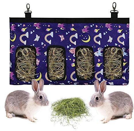 Bolsa de Heno de Conejo Bolsa de Alimentación de Heno henera de tela para cobayas para Conejo Chinchilla Hámster Pequeños Animales (4 ventanas, diseño morado)