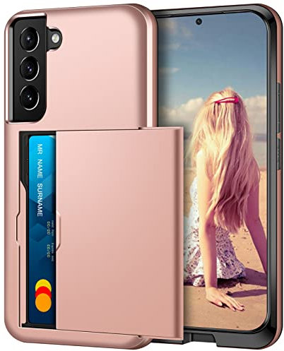 Coolden for Samsung S22 Case Wallet Case Armor Shockproof Case Heavy Duty Protective Case Hard PC Back Soft TPU Bumper Card Holder Wallet Case Cover for Samsung Galaxy S22 Phone Case (Rose Gold)