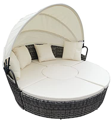 Ribelli Île de Soleil en PE tressé, Ø 160 cm Coquille de Jardin, île de Repos, Lounge, Couleur:Gris/crème