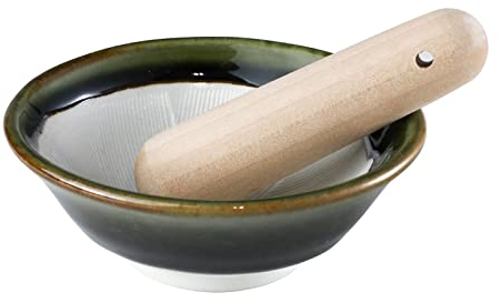 Asayu Japan Mortero de Cerámica con Pilón de Madera, Hecho en Japón, Apto para Lavavajillas y Microondas, Set Ripple Ridge Suribachi y Surigoki (Verde oliva, 11cm)