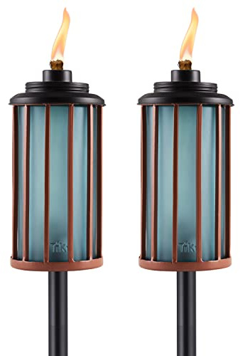TIKI 2-Pack Retro Stripe Glass Torches, 65-Inch Outdoor Decorative Torches for Patio, Backyard & Garden, Easy Install with Refillable Canister, Long-Lasting Wick & Snuffer, Blue & Copper