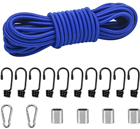 Dondeen Elastic Cord,Shock Cord Heavy Duty Elasticated Shock Cord Black Bungee Cords with Hooks and Spring Cord Lock for Caravan Cargo Craft Rack(8mm x 10M, Blue)
