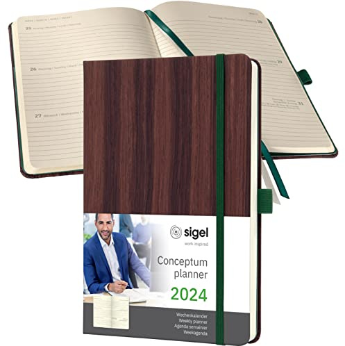 SIGEL C2476 Terminplaner Wochenkalender 2024, ca. A5, echtes Holzcover, Hardcover, 192 Seiten, Gummiband, Stiftschlaufe, Archivtasche, PEFC-zertifiziert, Conceptum