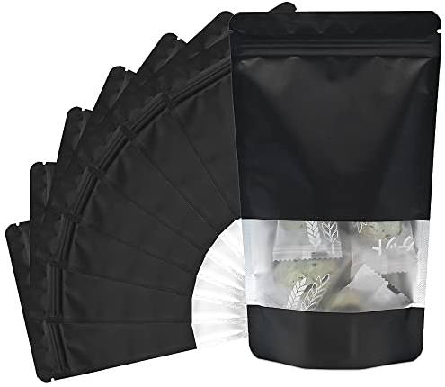ADQUATOR 30 sacchetti in Mylar con chiusura lampo con finestra trasparente, 12 x 20 cm, in plastica nera satinata, richiudibili, per conservare alimenti, gioielli, dolci