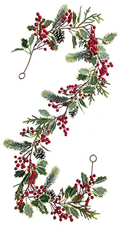 kemengsuer 5,9 Fuß Lange Beeren-Weihnachtsgirlande, Künstliche Beerengirlande mit Biegbaren Stielen, Weiße Rote Beerengirlande mit Tannenzapfen und Grünen Blättern, Grüne Wintergirlande für die(D)