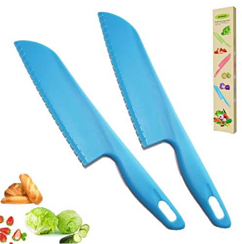 jawbush Plastic Vegetable Knife, 11 Serrated Edge Pizza Cutter with Non-slip Handle for Kitchen, Pizzas, Salad, Cakes, Bread, Fruit, and Lasagna, Nylon Knife for Nonstick Bakeware - 2-Pack, Blue