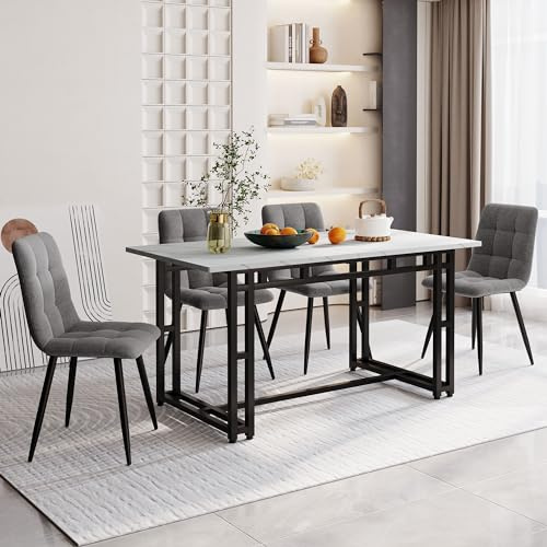 KUAKE 140x80cm Esstisch mit 4 Stühlen Set,Moderne Küche Esstisch Set, Schwarz Eisen Beintisch (Hellgrauer Esszimmerstuhl)