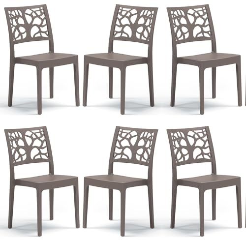 Set 6 sedie in polipropilene TETI, MADE IN ITALY, impilabile, idrorepellente, resistenza raggi UV, design moderno albero della vita per sala da pranzo, cucina, bar, ristoranti, esterno (Tortora, 6)