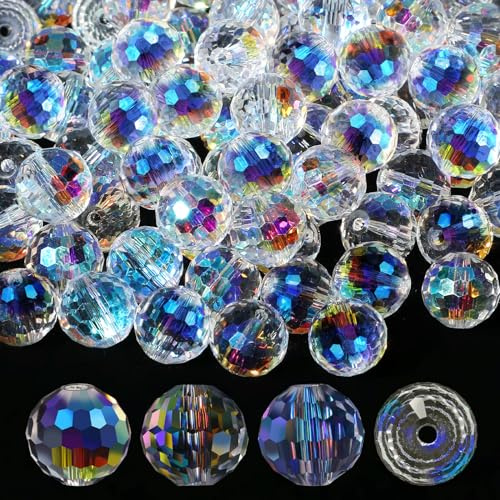 Abeillo 100 st Briolette kristallglaspärlor för smyckestillverkning, runda fasetterade glaspärlor i kristallfärg AB 10 mm, stora distanspärlor rondeller i glas