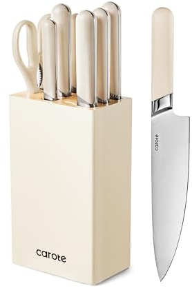 Messerblocksets Carote Gourmet Selbstschärfender Messerblock Set 8-teilig, Messer und Schere aus rostfreiem Edelstahl/Kunststoff-Griff, Holzblock Esche