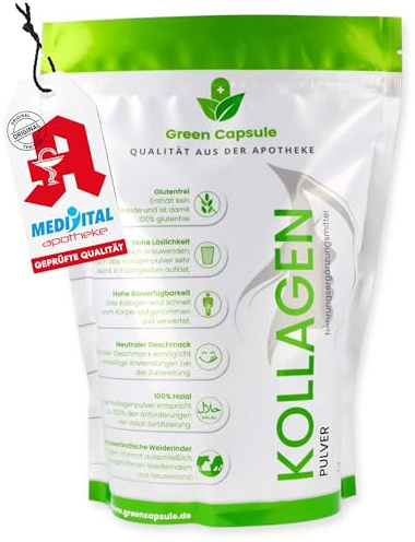 Green Capsule® Kollagen Pulver I Premium Collagen Hydrolysat Typ I - Perfekte Löslichkeit - Natur rein  aus 100% Weidehaltung - Deutsche Apotheken-Qualität
