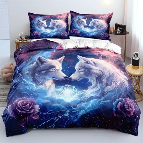 YUTNSAN Wolf Bettwäsche 135x200cm Wölfe Rose Blitz Muster 2 Teilig Kinderbettwäsche Set Mikrofaser Bunt Modern 3D Tier Bettbezug und Kissenbezug 80x80cm
