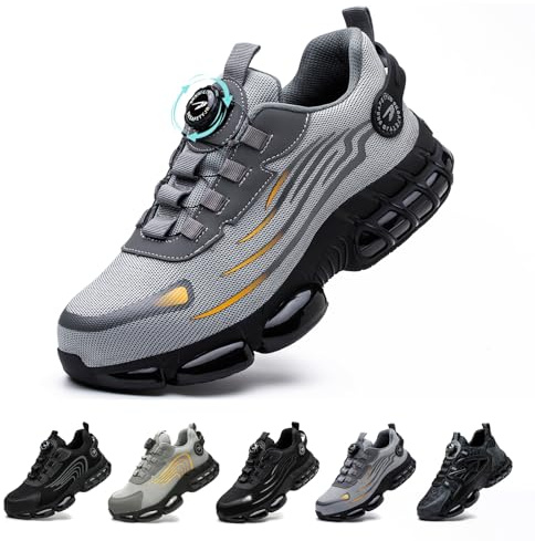 Gugifcto Scarpe Antinfortunistiche Uomo Donna Moda Sneakers Antiscivolo Leggere Traspiranti Rilascio Comode Rapido Scarpe Sicurezza con Punta in Acciaio Grey 42 EU
