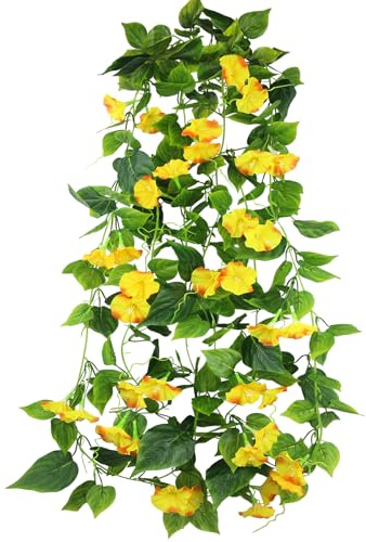 CISDUEO 2 Pcs Artificial Vines Silk Morning Glory Vines for Outdoor 15Feet Hanging Plants Garland Yellow Fake Green Plant Morning Glories for Home Decor Wall Fence Stairway Wedding Hanging Baskets