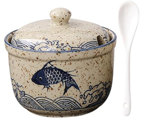 TuYines Zuccheriera in ceramica, zuccheriera con coperchio e cucchiaio, barattoli in ceramica, portaspezie con coperchio per zucchero, sale, formaggio, spezie