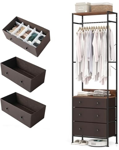 HOMASIS Kleiderständer mit 3 Schubladen & Ablage, offener Garderobenständer aus Holz & Metall, Freistehende Garderobe mit Kleiderstange für Schlafzimmer, Wohnzimmer & Flur, 55x28x176cm, Braun