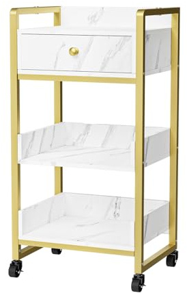 OmySalon Salon Trolley Cart with Wheels, Esthetician Cart with 1 Drawer & 2 Trays, Mobile Storage Organizer for Beauty Spa Massage Tattoo Esthetic Facial Tool Holder Station, White Marble