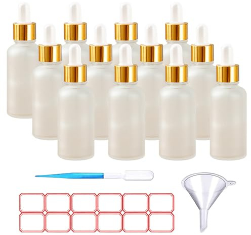 TUAKIMCE 12PC 30ml Clear Glass Dropper Bottles, Refillable Sample Container Frosted Dropper Bottles for Storage Essential Oils, Perfumes, Cosmetics Empty Eye Dropper Bottle with Pipettes