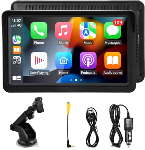 Focenat 7 Pulgadas Portátil Radio Coche con Pantalla Táctil Bluetooth, Reproductor Carplay Inalámbrico y Android Auto, GPS/AUX/FM