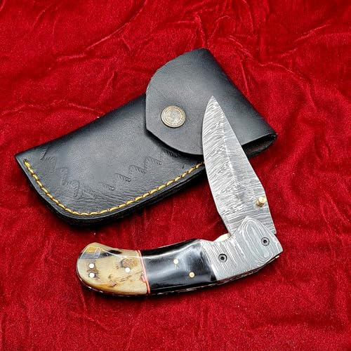CRAFTOMATIK Damast Stahl Taschenmesser | Klappmesser | Büffelhorn, Widderhorn, Damast Stahl, Messing Stiften Griff | Handgefertigt Outdoor Damastmesser Camping Messer | FK55