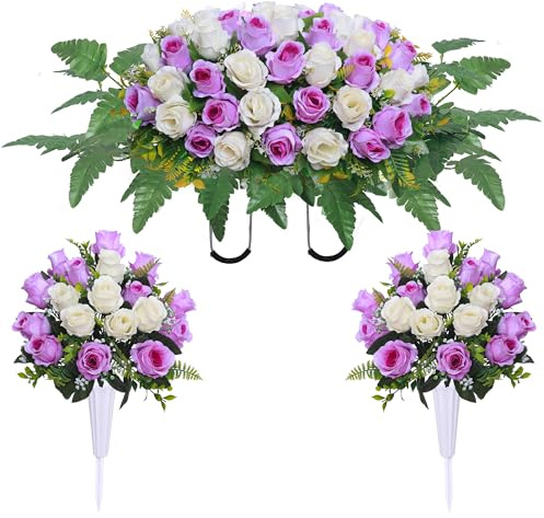 Lodou 3 Pcs Artificial Cemetery Flower Saddles, Rose Headstone Flower Saddle,Cemetery Memorial Flowers with Vase for Outdoor Grave Tombstone Decorations ﻿ (Purple White)