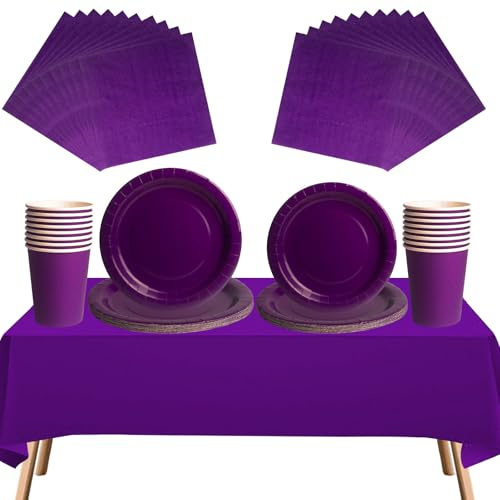 Service de table jetable violet de 69 pièces – 20 serviettes, 16 tasses, 16 assiettes de 17,8 cm et 22,9 cm, 1 nappe violette | Vaisselle biodégradable pour anniversaires, mariages, fêtes de Noël