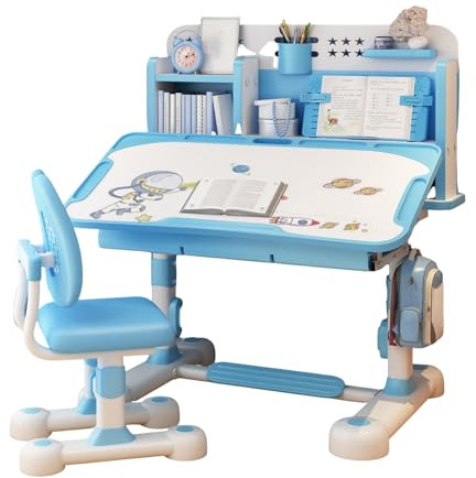 Kinder Schreibtisch und Stuhl Set mit Bücherregal Höhenverstellbarer Kinderschreibtisch & Stuhl, 50° Neigbare Tischplatte mit Stauraum und Schublade fürs 3-18 Jahre Junge Kinderzimmer Blau Weiß
