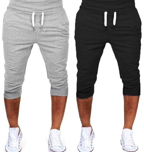 Generisch Sporthose Herren Kurz 2Er Pack Jogginghose Herren 3/4 Lang Sommerhoes Einfarbig Laufhose Leicht Laufhose Atmungsaktiv Trainingshose Mit Bündchen Freizeithose Bequem Sweatshorts Casual Hose