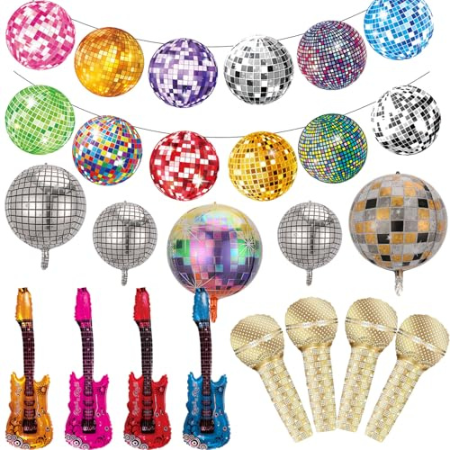PAUBLLON Disco Party Decorations Set - Disco Ball Balloons, Inflatable Rock Star Guitar Props - Complete Kit for 70s 80s 90s theme Party Decoration, Hip Hop & Retro Rock Parties (Disco Party)