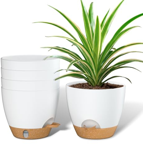 ZMTECH 15 cm Pots de Plantes avec Trous de Drainage Soucoupe Jardinières Auto-Irrigantes avec Entrée d'eau Pot de Fleurs en Plastique pour Plantes d'Intérieur et d'Extérieur (Lot de 5, Blanc)