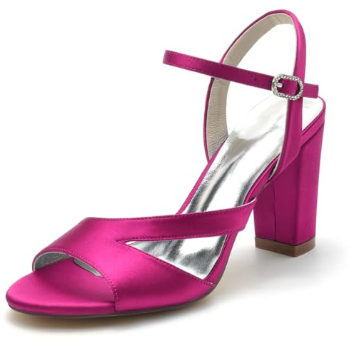 Gycdwjh Sandalia con Talón Slingback Mujer 8.5cm Satén Puntera Abierta Comodas Verano Talón Grueso Zapatos Correa de Tobillo Hebilla para Vestir Fiesta,Rose Red,38 EU