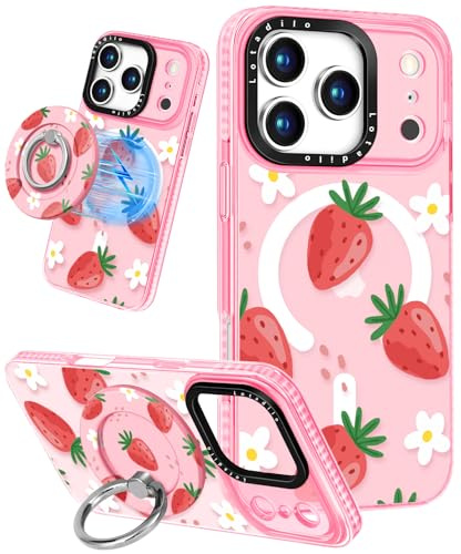 Lotadilo for iPhone 17 Pro Max Case Compatible with Magsafe Ring Holder Stand - for Women Strawberry Flower Design TPU Phone Cover for Girls Girly Funny Fashion