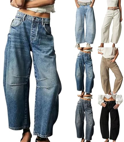 Y2K Jean baggy à jambe large pour femme, pantalon court décontracté en jean ballon vintage ample avec poches, pantalon long rétro boyfriend taille moyenne décontracté