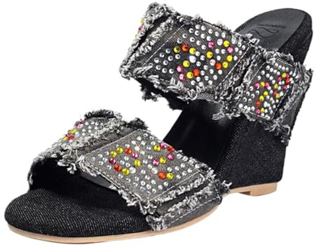 CuteFlats Dam jeanstyg kilklack sandaletter med strass | trendigt denimmaterial med fransar, GRÅ, 41 EU