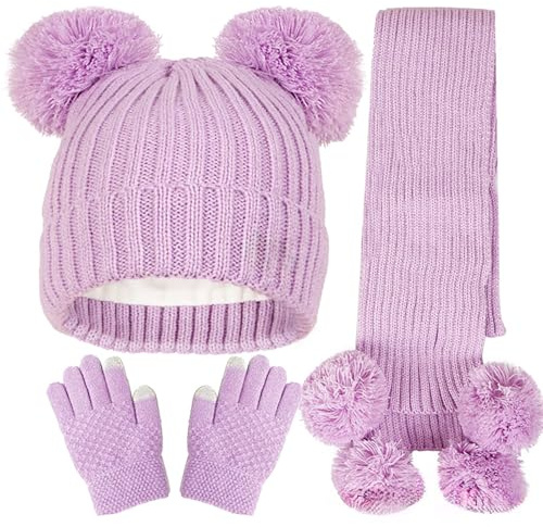Generisch Mädchen Mütze Neuer Einfarbiger Jacquard-Kinderhut-Schal Dreiteiliger Langer Kindermützen Bommelmütze Mutze Handschuhe Winter Wollmütze Fleece
