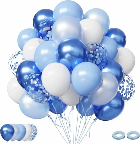 Blaue Luftballons Hellblau Metallicblau Weiß FQZYLCH 60 Stück 12 zoll Latex Helium Ballons Konfetti Luftballons Set für Mann Junge Geburtstag Hochzeit Babyparty Taufe Kommunion Jugendweihe Deko