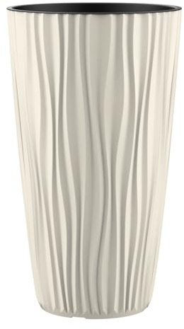 Engelland Pflanzkübel mit Einsatz, Blumentopf mit Wasserspeicher & 3D Struktur, hoch & rund, modern & frostfest, robust & langlebig, für Innen & Außen, Kunststoff, Ø 34 x H 60 cm, Beige