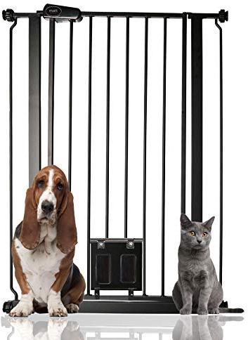 Bettacare Haustiergitter mit Verriegelbarer Katzenklappe, 75cm - 84cm, Schwarz, 104cm in der Höhe, Extra Hohes Haustier Sicherheitsgitter mit Katzenklappe, Einfache Installation