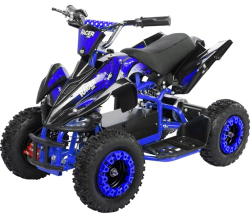 Actionbikes Motors Kinder Quad Elektro ATV Racer | 𝟑𝟔 Volt 𝟭𝟬𝟬𝟬 Watt Motor bis 𝟐𝟒 km/h - Kinderquad - Pocket Quad - Safety Touch Fußschalter - Für Kinder ab 8 Jahren (1000 Watt Schwarz/Blau)