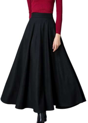 Petalum Jupe Laine Longue Évasée Femme A-Ligne Taille Haute Style Élégant Vintage Simple pour Printemps Automne Hiver