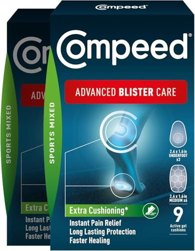Compeed Advanced Blister Care Pads, Hydrocolloid Gel Cushions for Instant Pain Relief and Faster Healing, Sports Mixed Sizes, 9 Count (2 Packs)