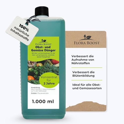 Konfitee Obst und Gemüse Dünger Flora Boost 1000ml I Für bis zu 200L Gießwasser I Dünger für alle Obst & Gemüse Pflanzen I Flüssiger Blatt- & Wurzeldünger I 100% natürlicher Pflanzendünger