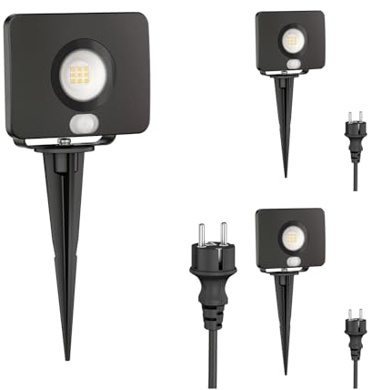 ledscom.de 3 Stück LED Gartenstrahler Wega mit Erdspieß für außen mit Bewegungsmelder, schwarz 10,837W 944lm warm-weiß